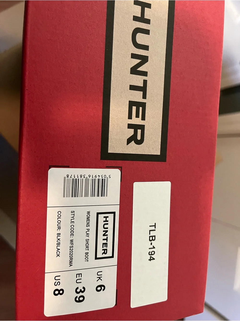 Hunter Red Shoe Box with Black and White Labeling